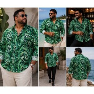 French Crown Mens Green Psychedelic Marble Swirl Button Down Shirt Size 52 5XL